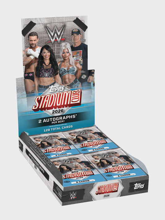2026 Topps Stadium Club WWE Wrestling Hobby Box preorder featuring eight packs, two autographs per box, Stadium Club photography and WWE Superstar trading cards.