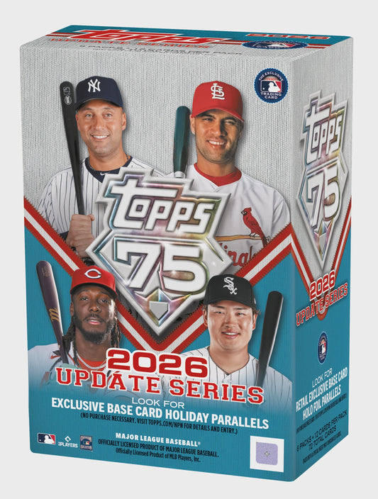 2026 Topps Update Series Baseball Value Box containing 6 packs of 12 MLB trading cards celebrating the 75th anniversary of Topps Baseball.