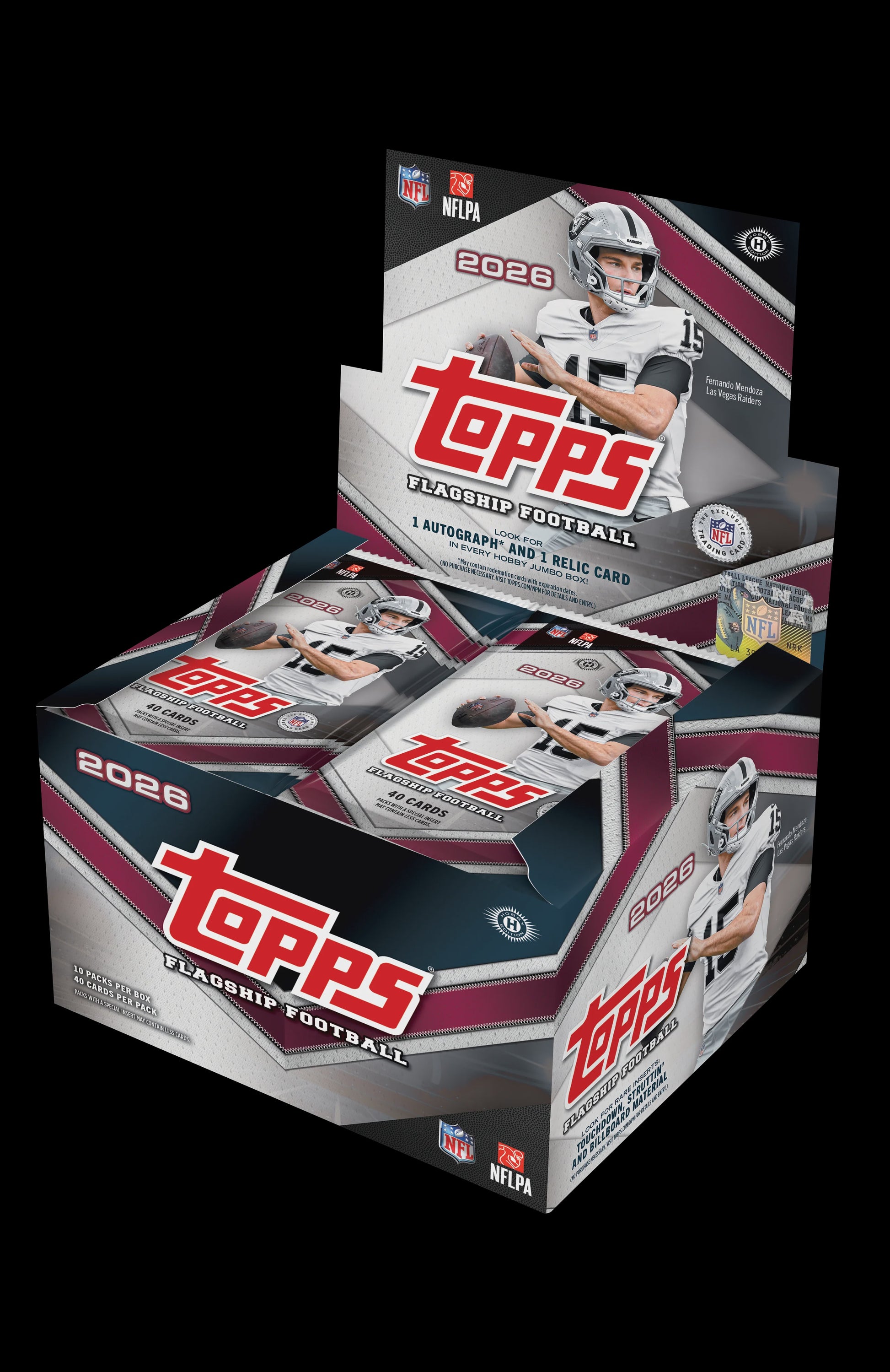 2026 Topps Flagship NFL Football Hobby Jumbo Box preorder with 10 packs, 40 cards per pack, one autograph and one relic per box.