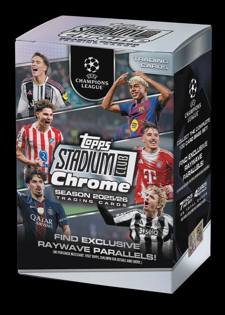 2025/26 Topps Stadium Club Chrome UEFA Champions League Value Box featuring premium Chrome soccer trading cards.
