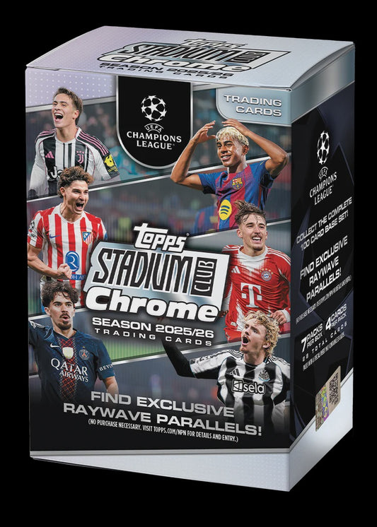 2025/26 Topps Stadium Club Chrome UEFA Champions League Value Box featuring premium Chrome soccer trading cards.