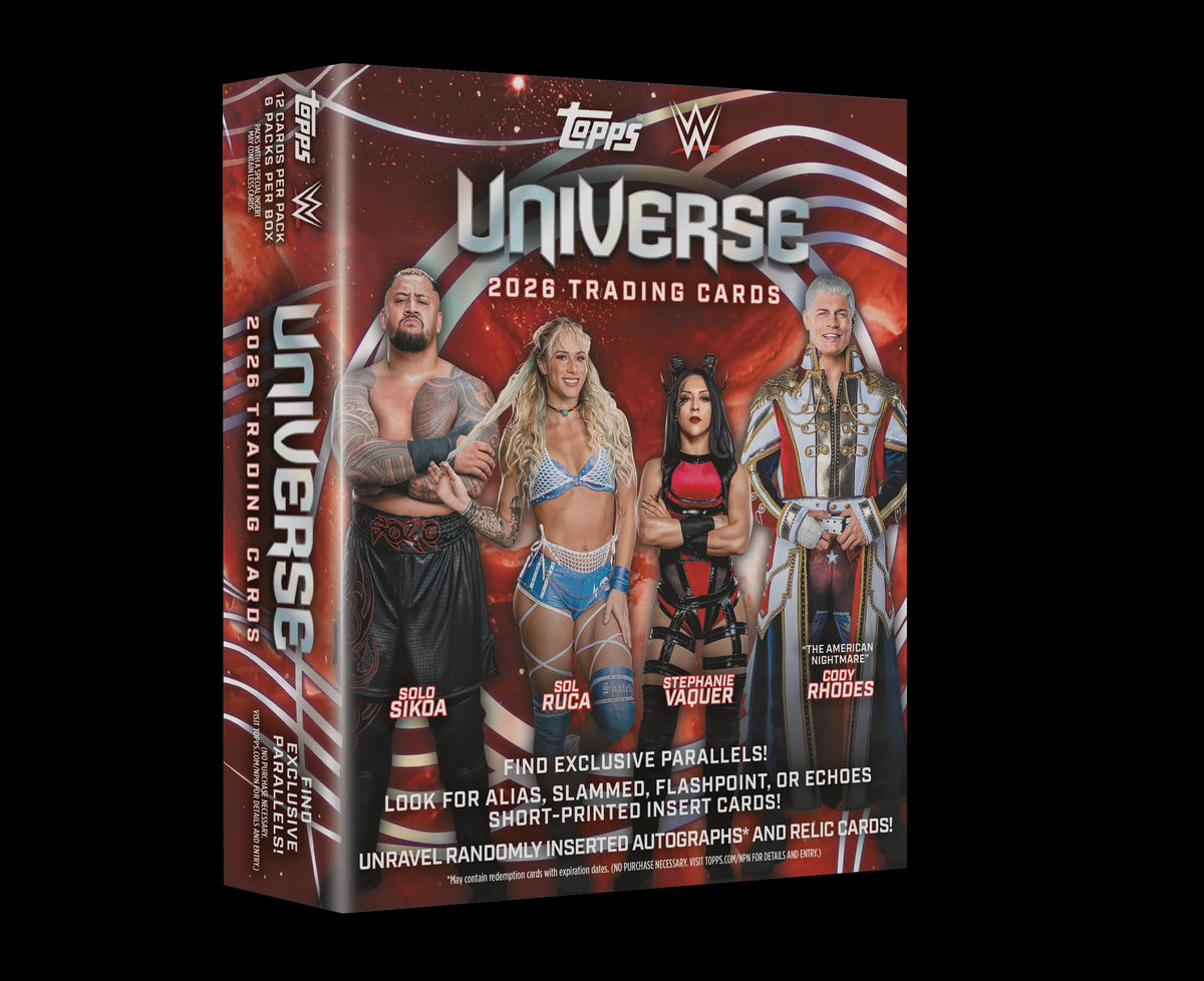 2026 Topps Universe WWE Wrestling Mega Box with 6 packs, 72 cards and Mega Box exclusive Lightning parallels.
