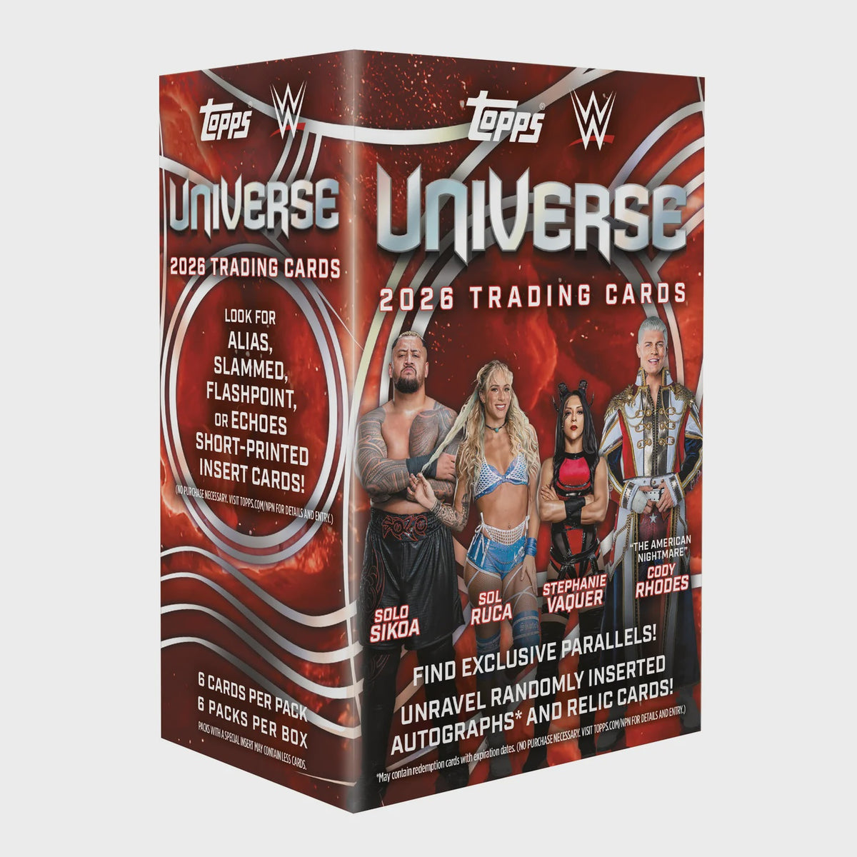 2026 Topps Universe WWE Wrestling Value Box with 6 packs, 36 cards and Value Box-exclusive Galaxy parallels.