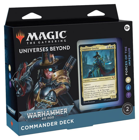 Magic The Gathering Universes Beyond Warhammer 40,000 Forces of the Imperium Commander Deck box featuring Inquisitor Greyfax