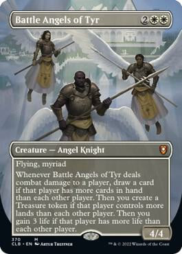 Magic: The Gathering trading card titled 'Battle Angels of Tyr' from the Commander Legacy set. The card features artwork of three angel knights in armor with swords, set against a snowy white and gray background.