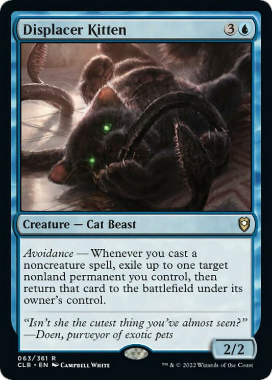 Displacer Kitten Commander Legends Battle for Baldurs Gate CLB Magic The Gathering blue creature card featuring magical feline artwork