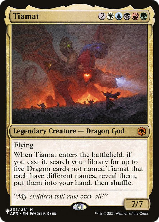Card featuring a dragon labeled 'Tiamat' with game text and artwork.