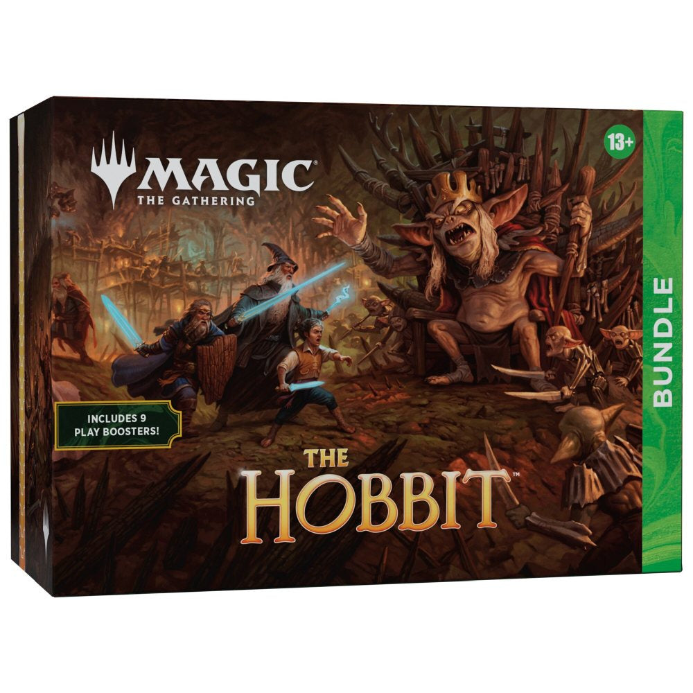 Magic: The Gathering The Hobbit Bundle factory sealed with 9 Play Boosters, exclusive foil promo card, premium lands and Spindown™ life counter.