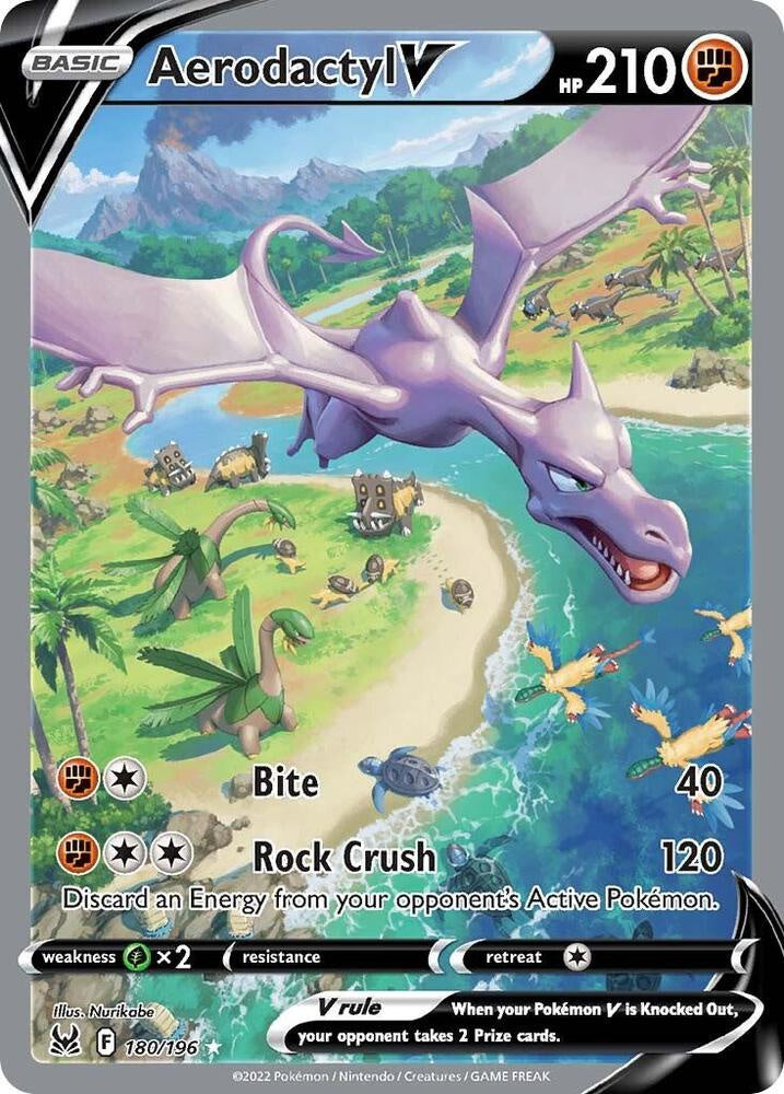 Aerodactyl V Alternate Full Art 180/196 Sword & Shield Lost Origin Alternate Art Ultra Rare Holo Near Mint Pokémon card.