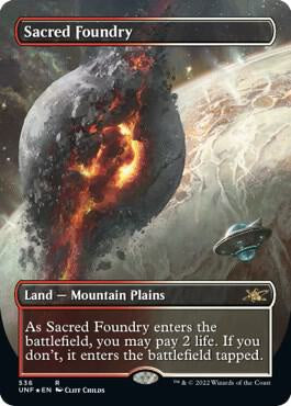 Sacred Foundry Borderless Galaxy Foil Magic The Gathering card from Unfinity set.