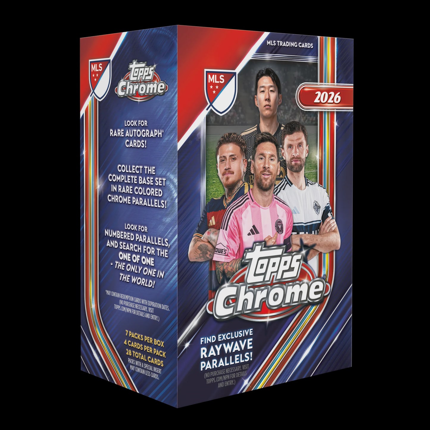 2026 Topps Chrome MLS Soccer Value Box with 7 packs, exclusive Ray Wave parallels and numbered Chrome cards.