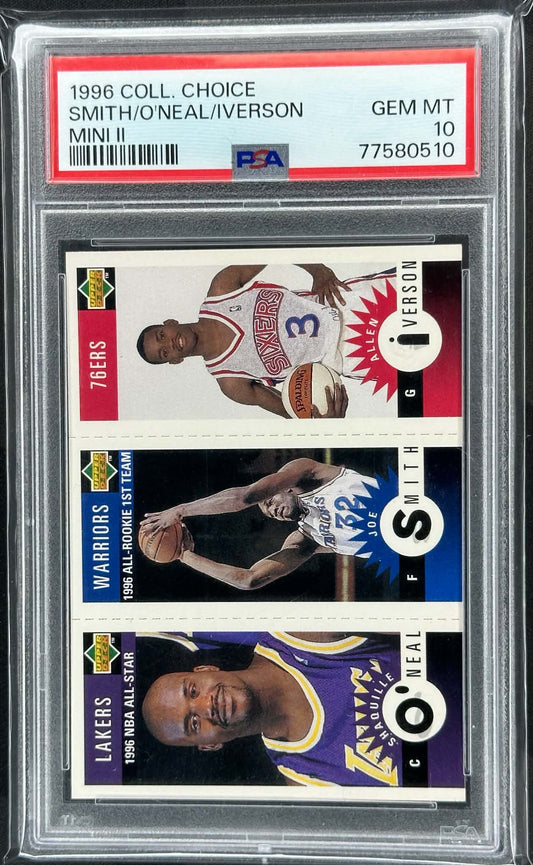 1996-97 Upper Deck Collector's Choice Mini II PSA 10 featuring Shaquille O'Neal, Allen Iverson and Joe Smith