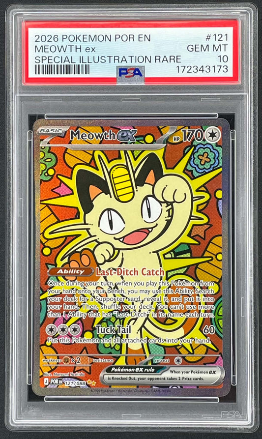 2026 Pokémon Perfect Order Meowth ex 121/088 Special Illustration Rare, PSA 10 slab, cert visible, Urban Empire Collectables Australia.