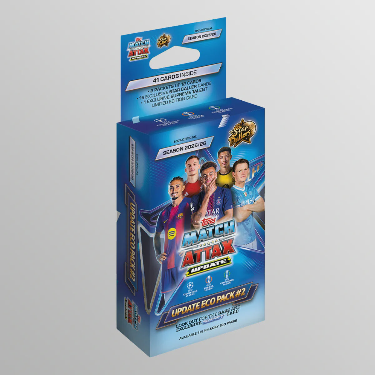 Card game packaging with player images on a gray background