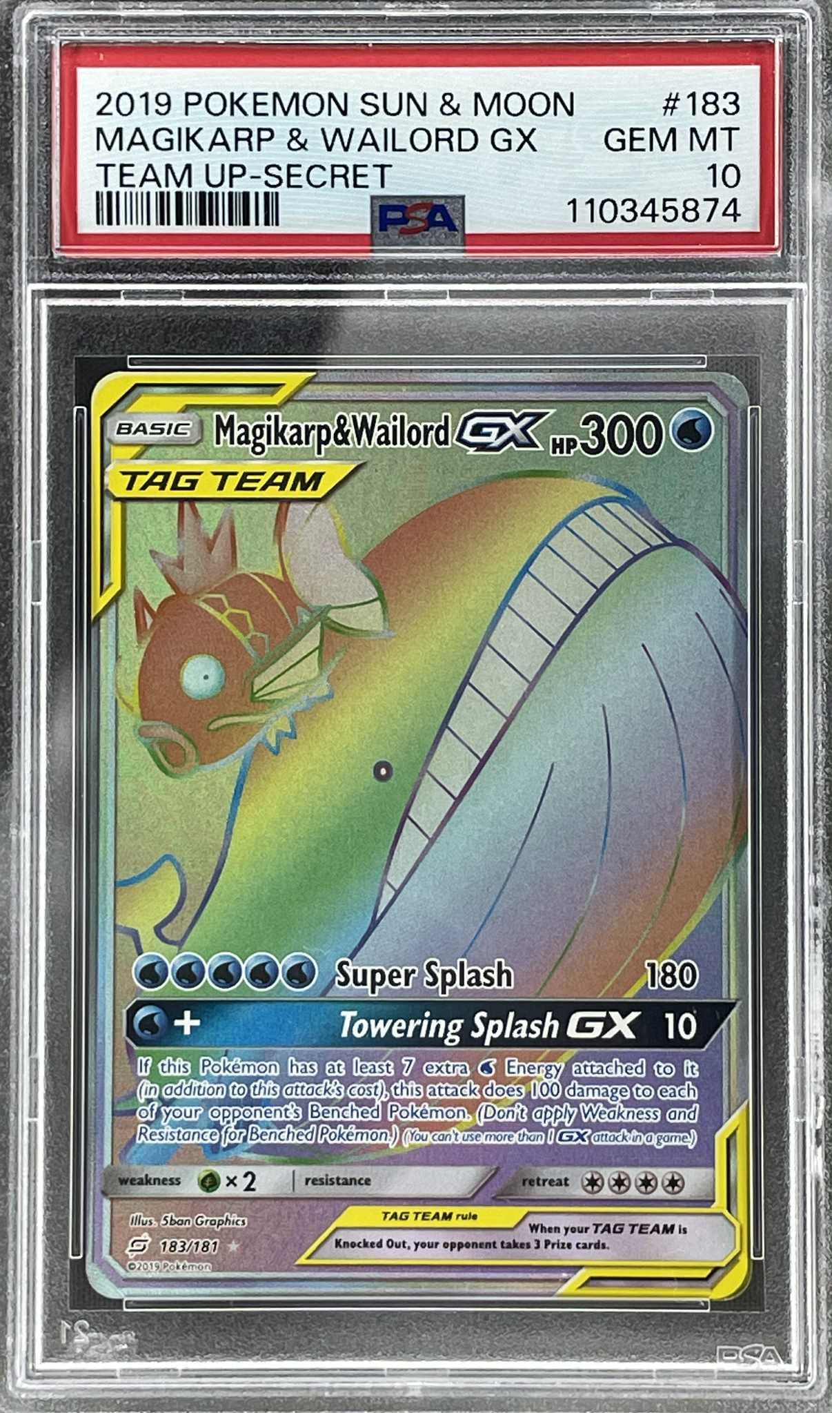 Magikarp & Wailord GX Secret Rare 183/181 Pokémon Sun & Moon Tag Team card, PSA 10 Gem Mint graded collectible.