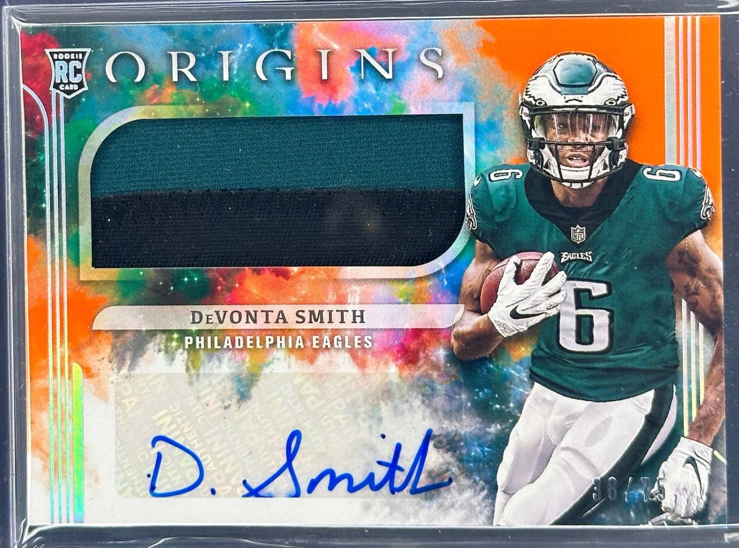 DeVonta Smith 2021 Panini Origins Rookie Jumbo Jersey Auto Orange /75 Philadelphia Eagles football card