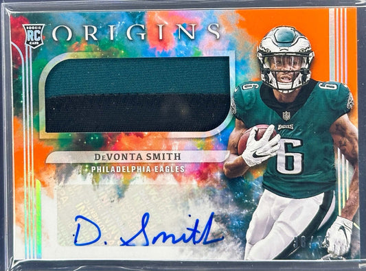 DeVonta Smith 2021 Panini Origins Rookie Jumbo Jersey Auto Orange /75 Philadelphia Eagles football card