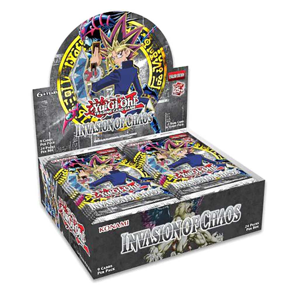 Yu-Gi-Oh! Invasion of Chaos 25th Anniversary Edition factory-sealed booster display box containing 24 English trading card booster packs.