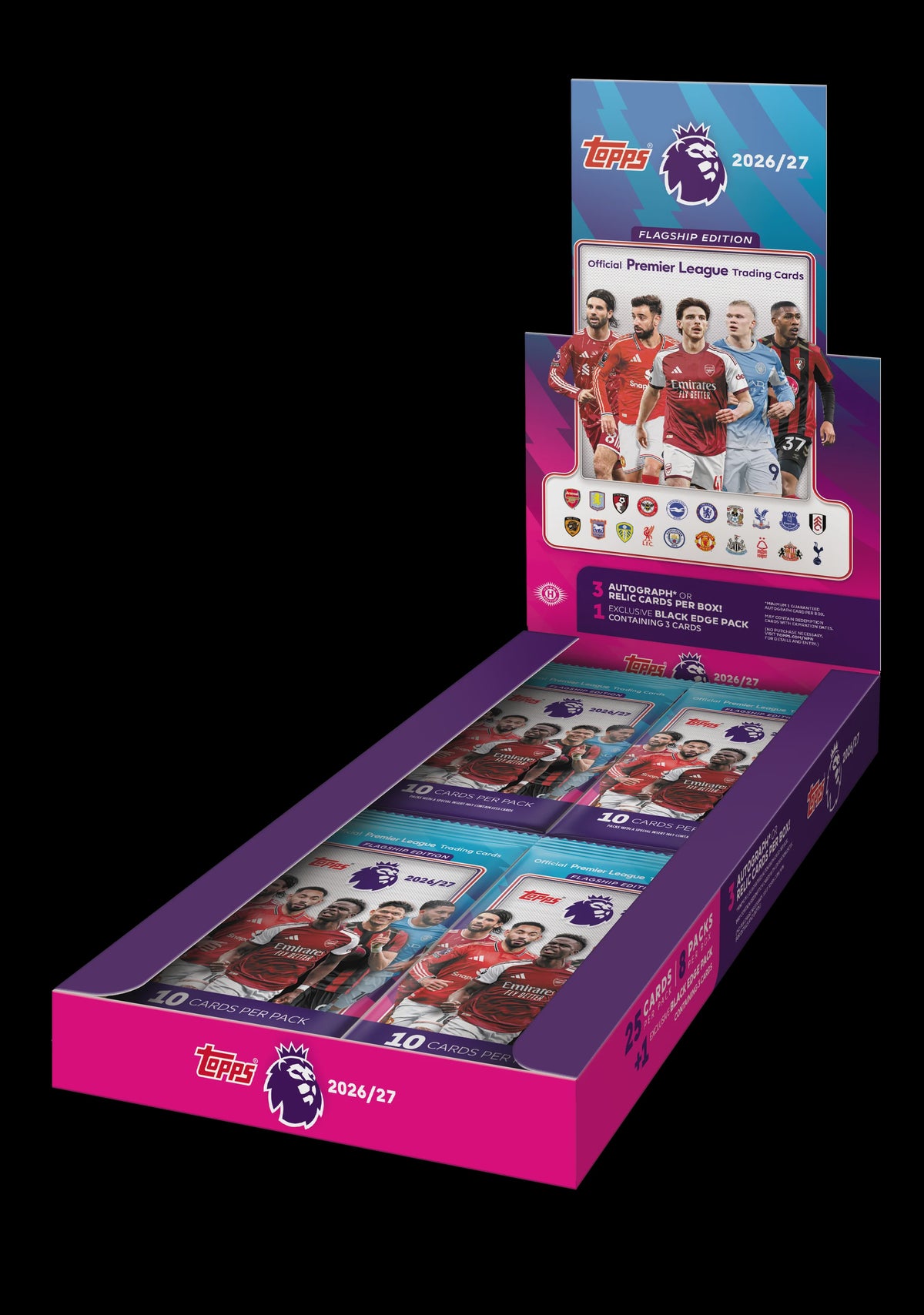 2026-27 Topps Flagship Premier League EPL Soccer Hobby Box with 8 packs, Black Edge bonus pack and 3 autograph or relic hits.