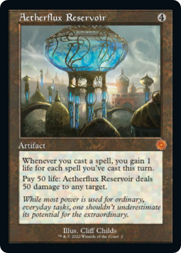 A Magic: The Gathering trading card titled 'Aetherflux Reservoir' with fantasy artwork of a glowing blue mechanical structure above domed buildings. The card has a brown border, white text box, and a small orange mana symbol in the upper right.