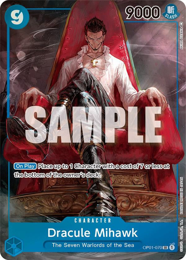 Dracule Mihawk OP01-070 Parallel Alternate Art Super Rare from One Piece Card Game Romance Dawn OP01, Near Mint Blue Character card.