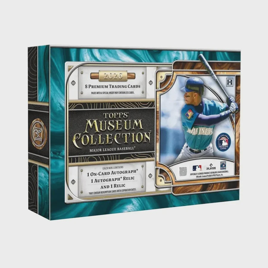 2026 Topps Museum Collection Baseball sealed Hobby Box featuring 8 premium MLB trading cards with autograph, autograph relic and memorabilia relic cards.