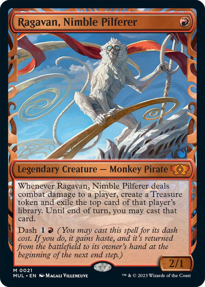 Ragavan, Nimble Pilferer Magic the Gathering card from March of the Machine Multiverse Legends MUL, mythic Monkey Pirate creature.