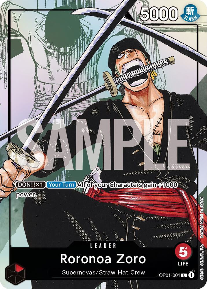 Roronoa Zoro OP01-001 alternate art card from One Piece Promotion Cards (OP-PR), featuring vibrant artwork and collectible design.