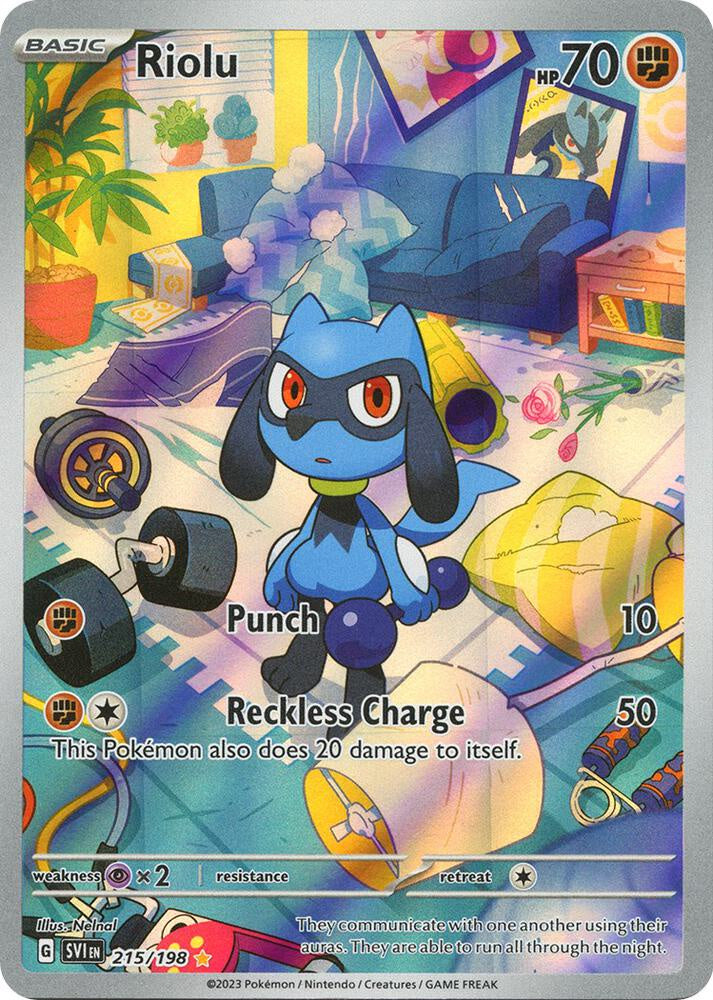 Pokémon Riolu Illustration Rare 215/198 Scarlet & Violet Base Set Holo Near Mint Pokémon trading card.