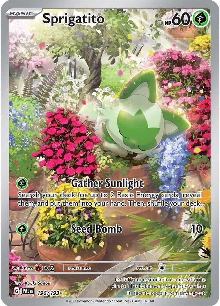 Sprigatito 196/193 Illustration Rare from Pokémon TCG Paldea Evolved Near Mint featuring full-art Sprigatito artwork.