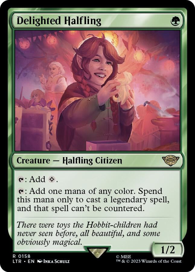 Fantasy card featuring a halfling character with a toy, set against a colorful background.