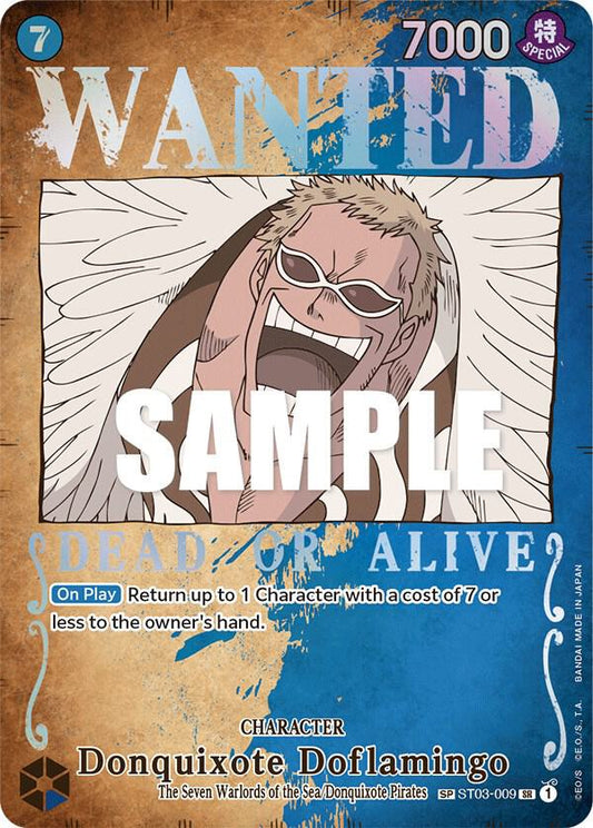Donquixote Doflamingo Wanted Poster card from Pillars of Strength (OP03), featuring dynamic artwork and collectible One Piece TCG design.