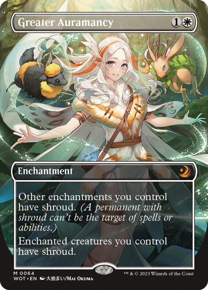 Greater Auramancy Anime Borderless #64 from Wilds of Eldraine: Enchanting Tales (WOT) Near Mint Mythic Rare Magic: The Gathering enchantment featuring artwork by Mai Okuma.