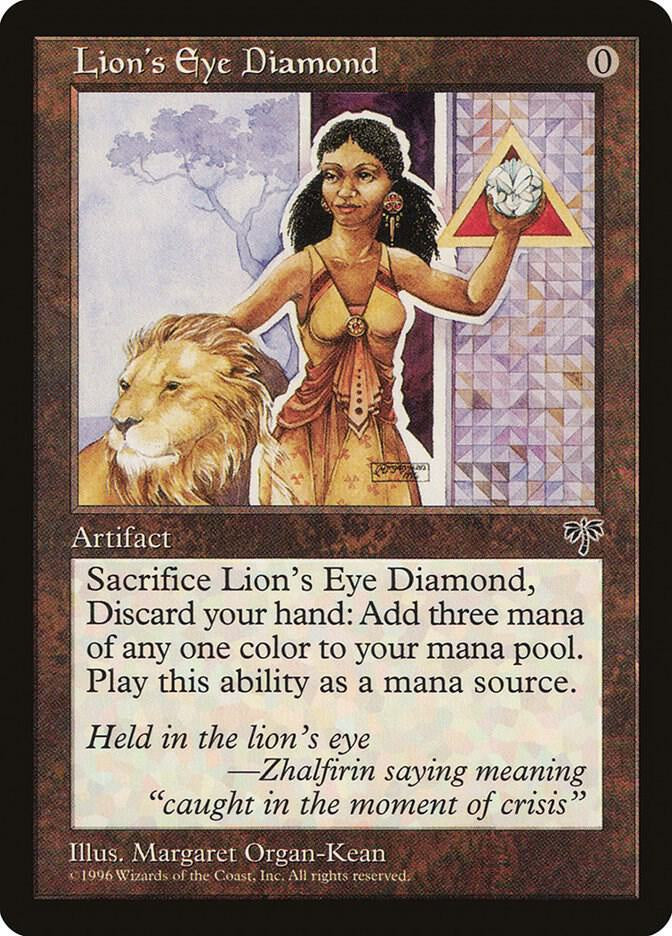 Card featuring a woman with a lion and text about 'Lion's Eye Diamond'.