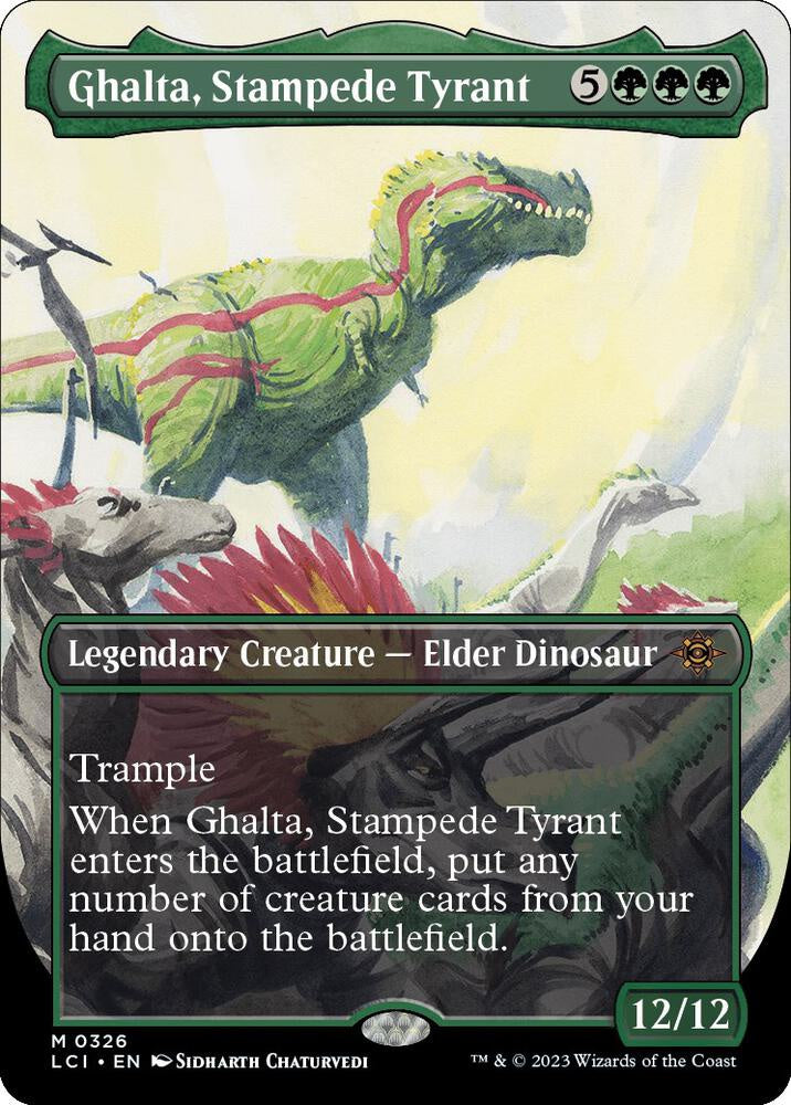 Card featuring Ghalta, Stampede Tyrant, a legendary creature elder dinosaur from a collectible card game.