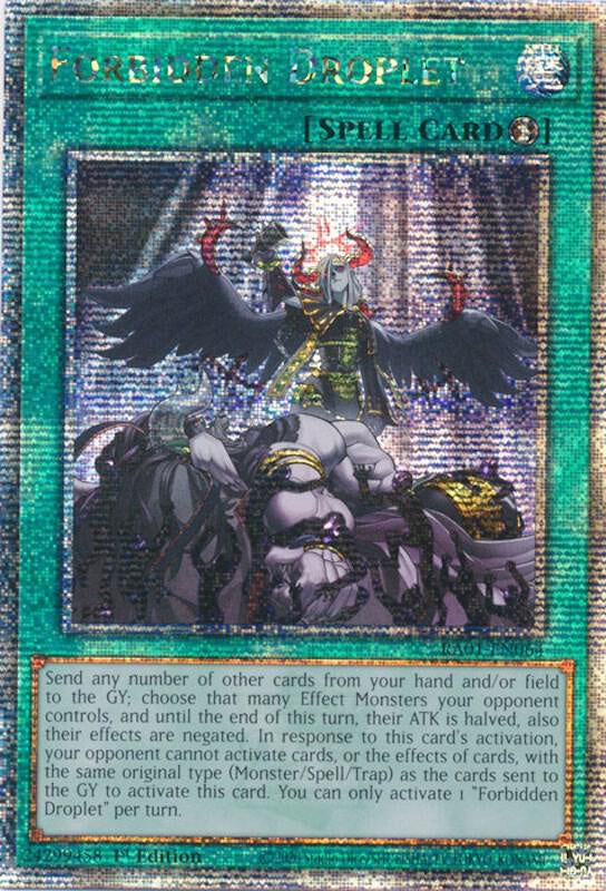 “Quarter Century Secret Rare Forbidden Droplet card with prismatic foil from RA01.”