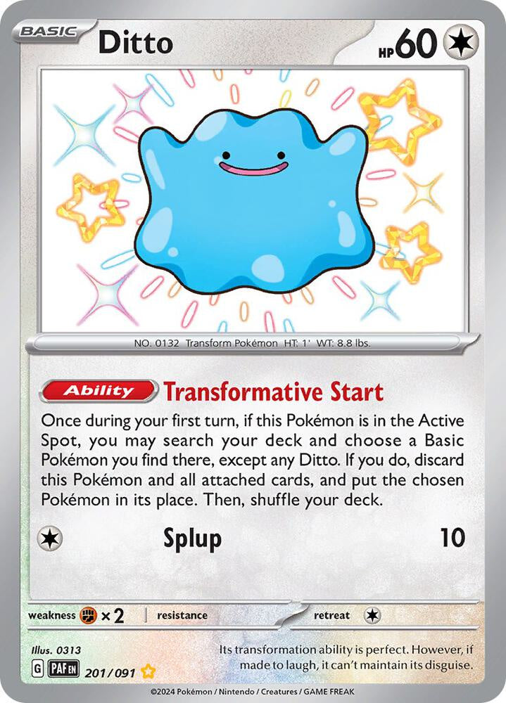 Pokémon Ditto 201/091 Paldean Fates Baby Shiny Holo English trading card in Near Mint condition.