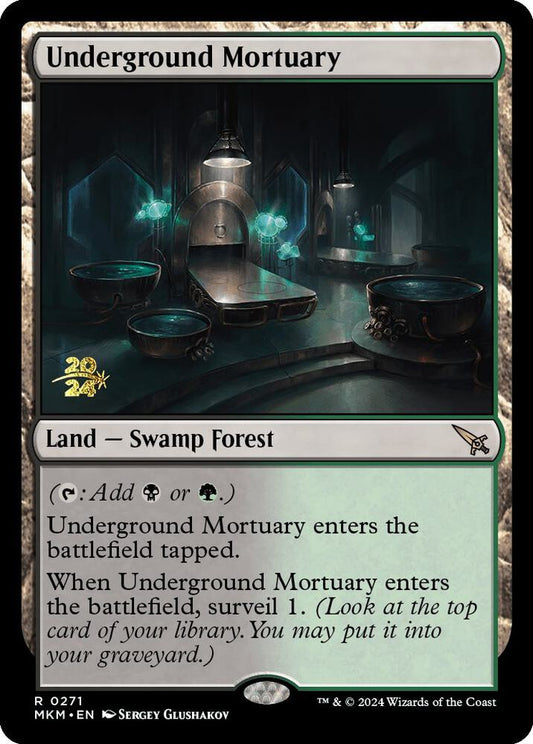 Fantasy card featuring a dark, eerie room with bowls and a coffin, labeled 'Underground Mortuary'.