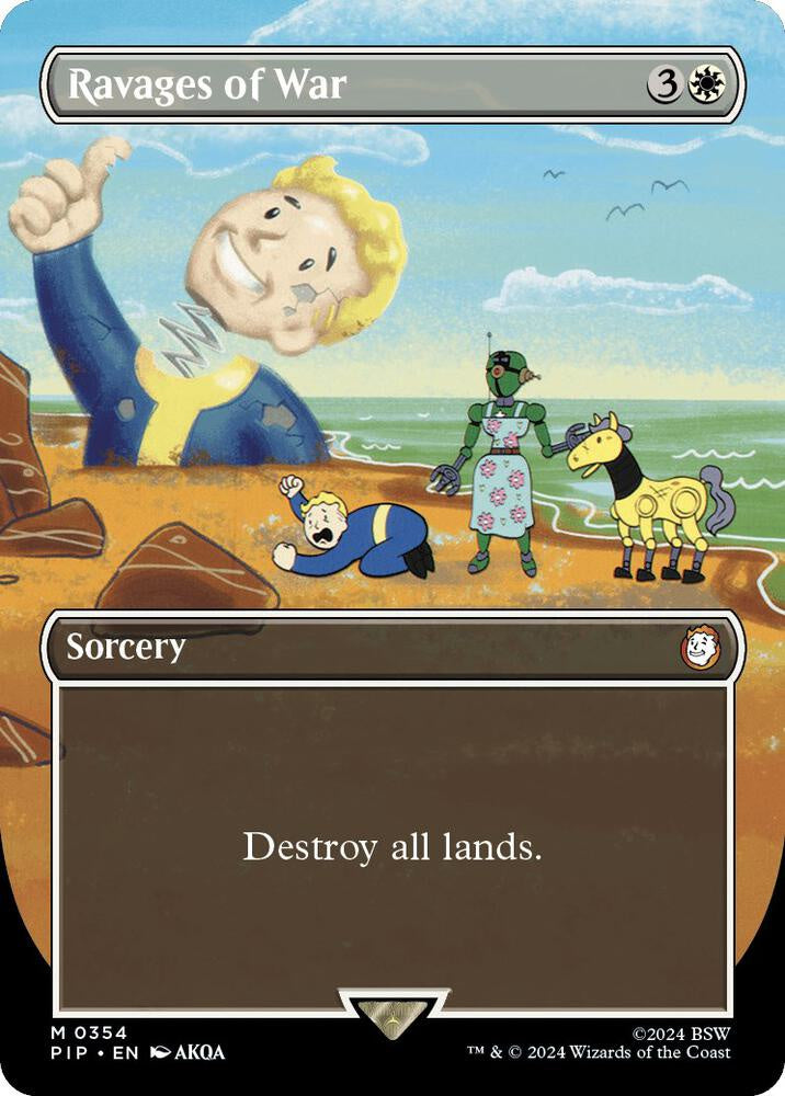 Card featuring animated characters with a scenic background and text 'Ravages of War'.