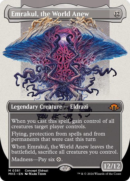 Card featuring 'Emrakul, the World Anew' with intricate design and text details.