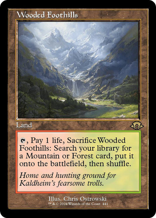 Wooded Foothills Retro Frame from Modern Horizons 3 (MH3) Near Mint Rare Magic: The Gathering fetch land featuring classic old-border styling.