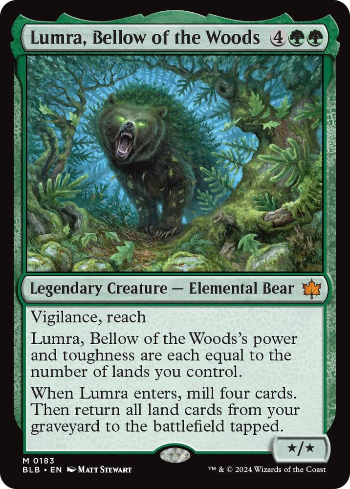 Lumra, Bellow of the Woods #183 from Bloomburrow (BLB) Near Mint Mythic Rare Magic: The Gathering legendary Elemental Bear and lands-matter Commander card.