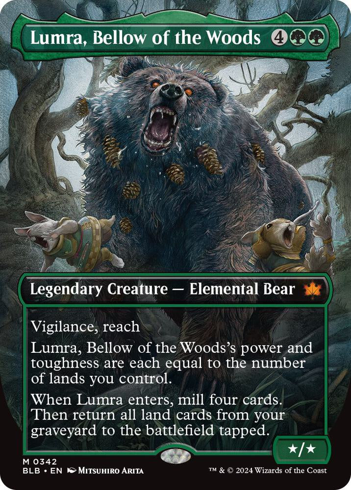 Lumra, Bellow of the Woods borderless foil card 0342 from Bloomburrow BLB, Magic the Gathering legendary creature collectible.
