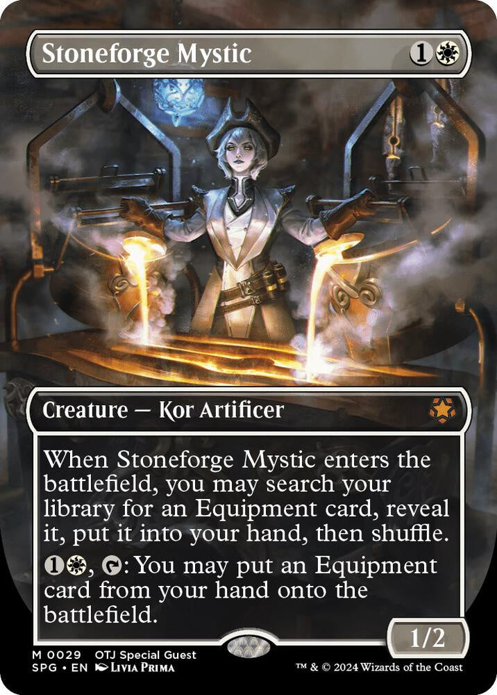 Stoneforge Mystic Borderless #29 from Special Guests (SPG) Near Mint Mythic Rare Magic: The Gathering Kor Artificer and Equipment tutor.