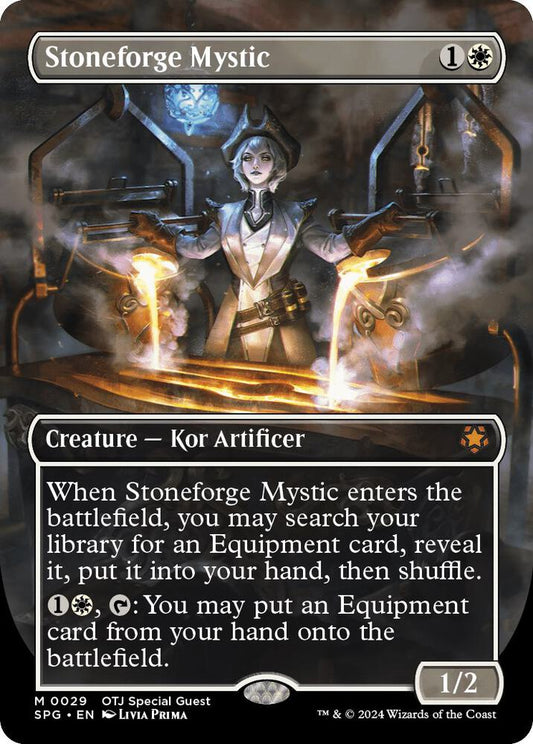 Stoneforge Mystic Borderless #29 from Special Guests (SPG) Near Mint Mythic Rare Magic: The Gathering Kor Artificer and Equipment tutor.