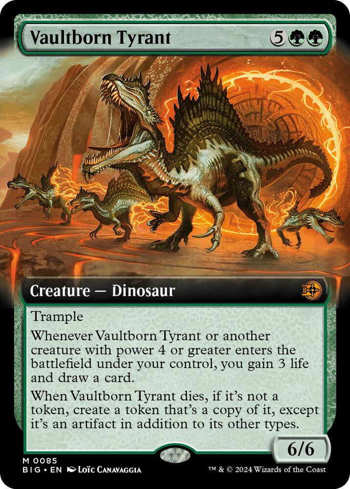 Fantasy card featuring a Vaultborn Tyrant dinosaur with game text and artwork.