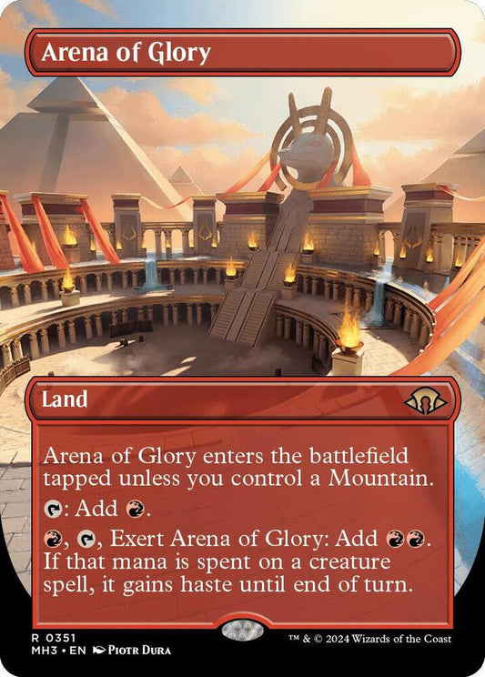 Arena of Glory #351 Borderless Rare from Magic the Gathering Modern Horizons 3 MH3, Near Mint non-foil land with Piotr Dura artwork.