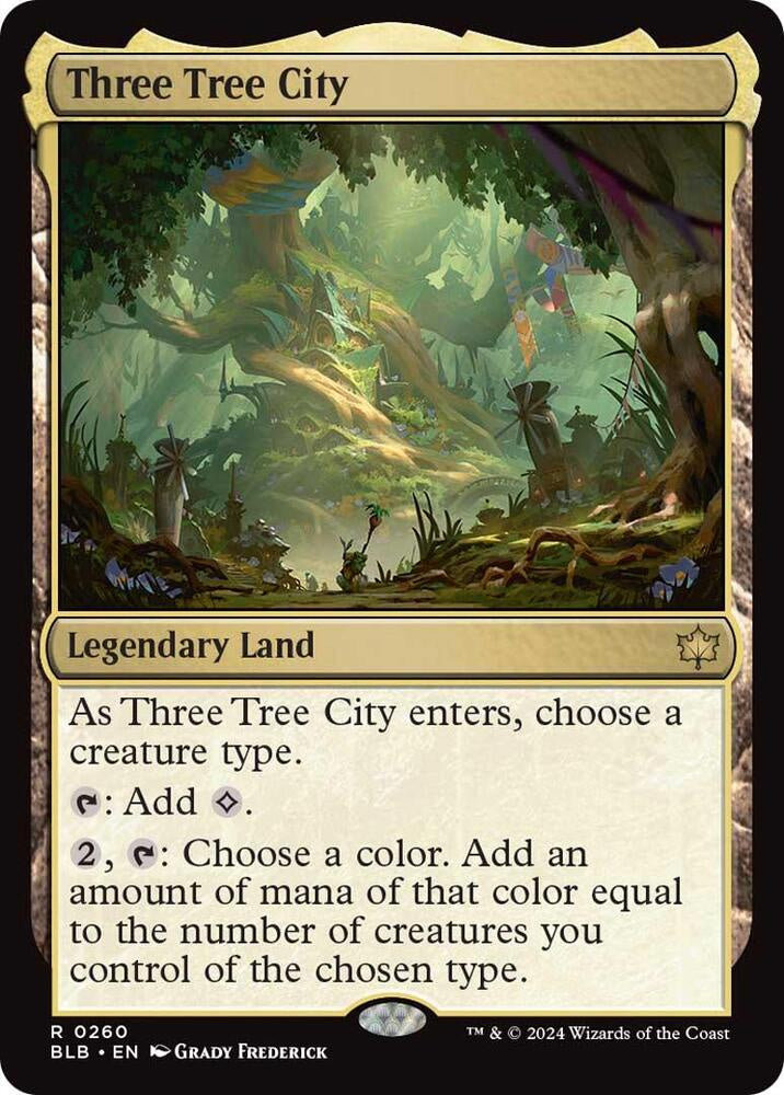 Buy Three Tree City from Bloomburrow (BLB). A Near Mint Magic: The Gathering tribal land and Commander staple that generates enormous mana for creature-based decks of any colour combination.
