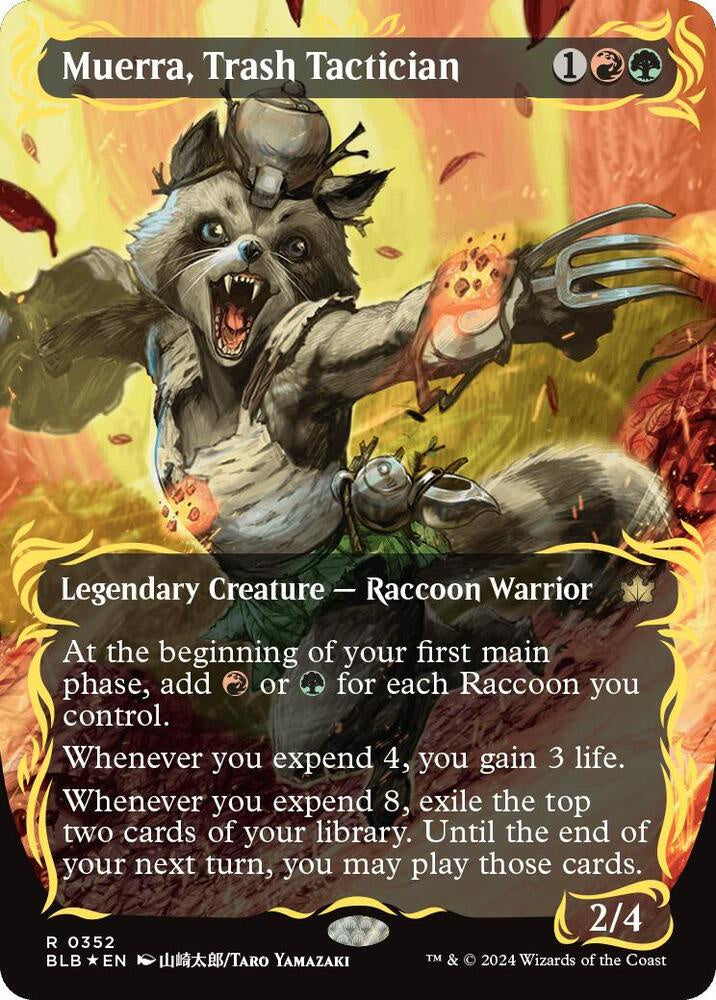 Muerra, Trash Tactician borderless raised foil card from Bloomburrow BLB, Magic the Gathering legendary creature collectible.
