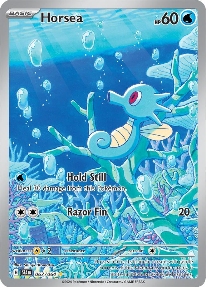 Pokémon Horsea 067/064 Shrouded Fable Illustration Rare Holo English trading card in Near Mint condition.
